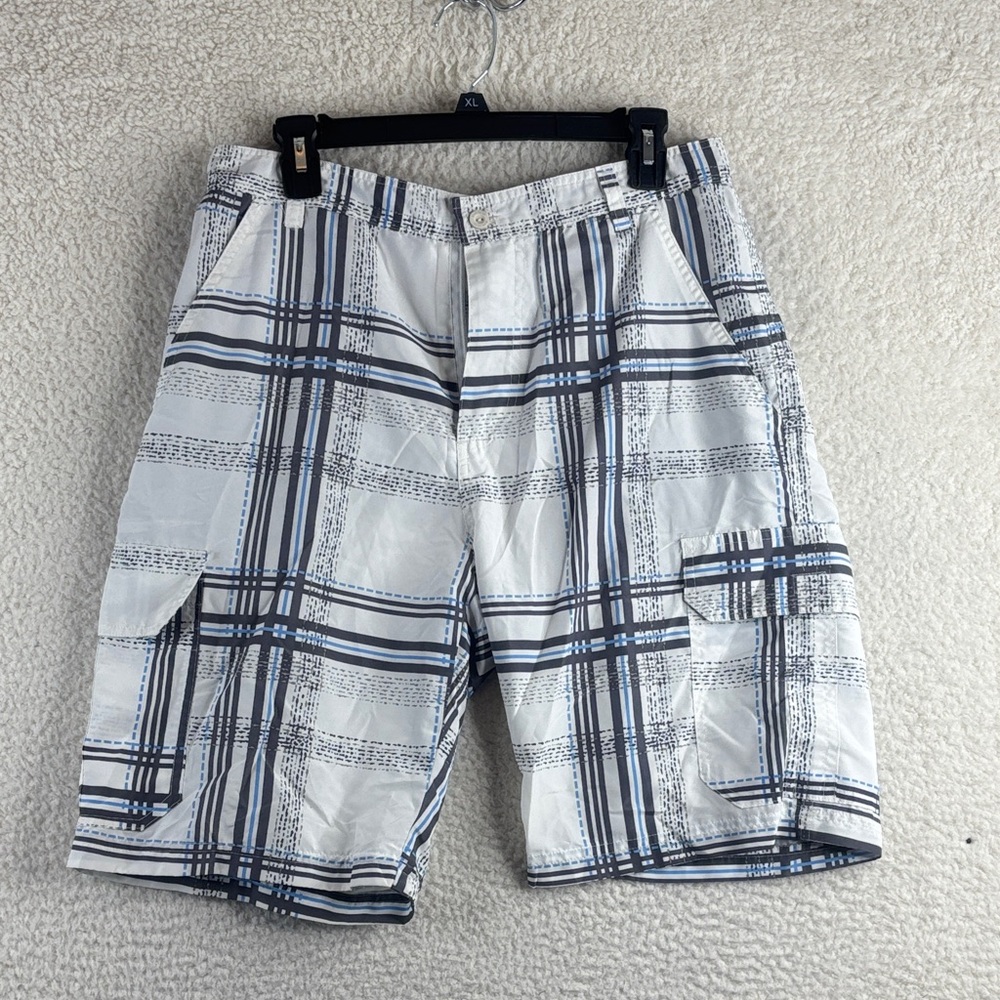 NWOT Blue Gear Mens White Blue Plaid Casual Cargo Shorts 6-Pockets Size 32